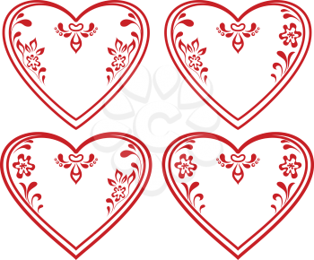 Valentine red hearts set, symbol of love, pictograms with abstract floral patterns. Vector