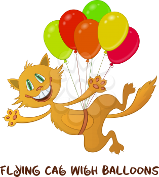 Cartoon Red Cat, Funny Pet, Smiling and Flying with Bundle of Colorful Balloons, Isolated on White Background. Vector