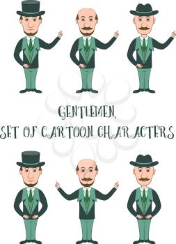 Strict Slender Gentleman in Hats and Business Suit Points with His Hand at Your Text or Image. Set of Funny Cartoon Characters for Your Design, Isolated on White Background. Vector