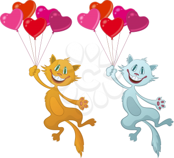 Set of Cartoon Cats, Red and White Funny Pets, Smiling and Flying with Bundle of Balloons in Shape of Valentine Hearts, Isolated on White. Vector