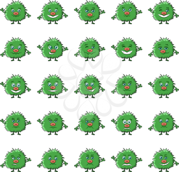 Set of Funny Monsters Smilies, Symbolizing Various Human Emotions and Moods, Cartoon Green Characters with Fluffy Hair, Isolated on White. Vector
