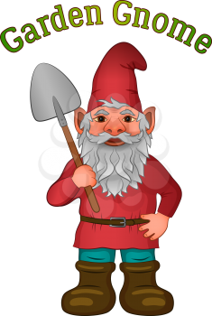 Cartoon Garden Gnome, Funny Fairy Character, Old Bearded Dwarf with Spade in Red Cap and Big Boots, Isolated on White. Vector