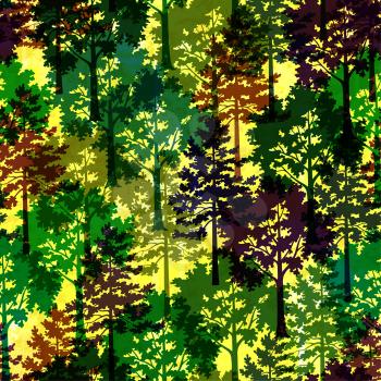 Seamless Background with Silhouette Forest Trees, Pine and Maple, Colorful Patterned Forest. Eps10, Contains Transparencies. Vector