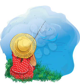 Illustration of a girl fishing on the shore
