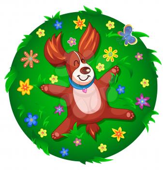 A Little Bit of Freedom. Funny puppy, lying down and relaxing on grassplot with  flowers
