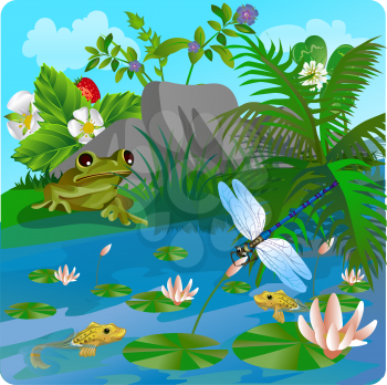 vector summer illustration of nature, in the form of insect life in the forest, in a clearing in the grass