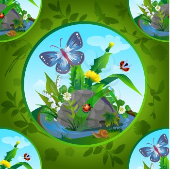 Natural pattern with beautiful  flowers and insects. Seamless textile background, background wallpaper