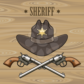 Sheriff hat and crossed revolvers. Illustration in cartoon style.