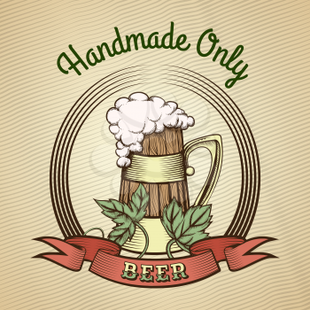 Beer Emblem in vintage style. Engraved wooden beer mug with hop leaves and ribbon. Colorful illustration. Only free font used.