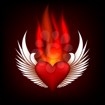Burning heart with wings in flame tips. Grunge style. Colorful illustration.