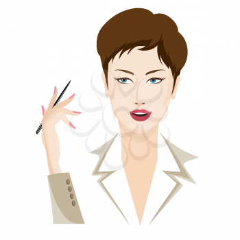Illustration of business woman with pen in a hand. Isolated on white background.