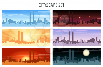 Abstract city scape scene set. Daylight, twilight, midnight, evening, sunset and sunrise view.