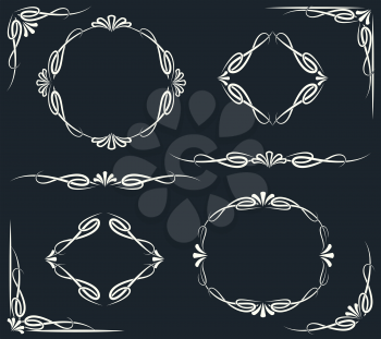 Vintage swirl design elements set. Dividers corners and frames. Isolated on dark background.