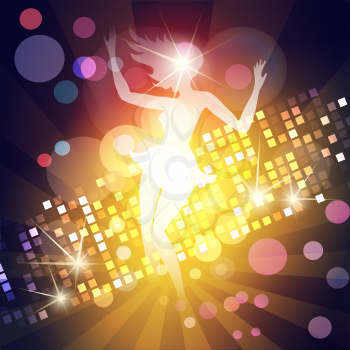 Illustration of young girl dancing in a night club against discotheque lights
