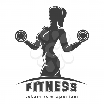 Fitness club logo or emblem with woman silhouette. Woman holds dumbbells. Isolated on white background. Free font SF Collegiate and Raleway used.