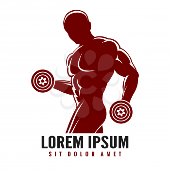 Fitness or Gym logo with muscled man silhouette. Man holds dumbbells.