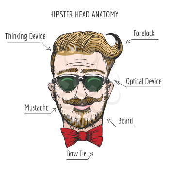 Humorous illustration of Hipster head structure. Free font used. Isolated on white background.