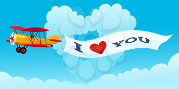 Airplane with love message against heart shaped cloud and blue sky. Only free font used.