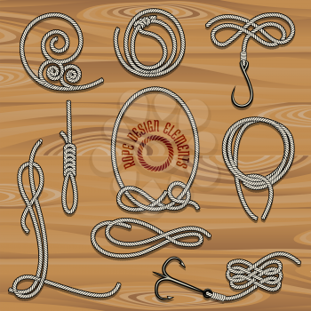 Collection of Rope Design elements. Drawn in vintage style. Knots, loops and hooks. Free font used.