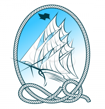 Sail Ship in rope frame. Nautical emblem.