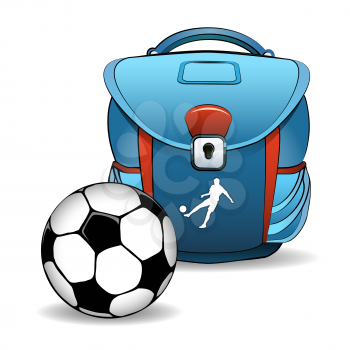 School bag and soccer ball drawn in cartoon style. Isolated on white background.