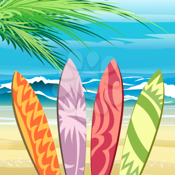 Four surf boards on a tropical beach against sea waves.