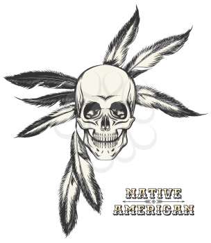 Indian warrior skull drawn in engraving style. Isolated on white. Free font used.