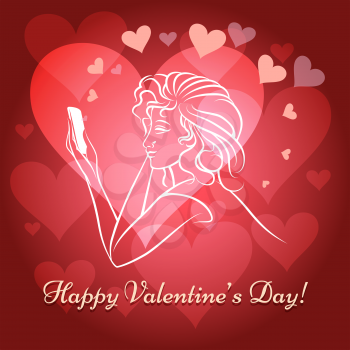 Illustration of young girl with mobile phone sending love messages against shining hearts and wording Happy Valentine's Day