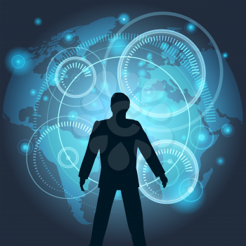 Illustration of man in process of management drawn in futuristic style.