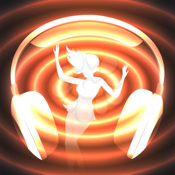 illustration of dancing girl silhouette against shining earphones and sound waves