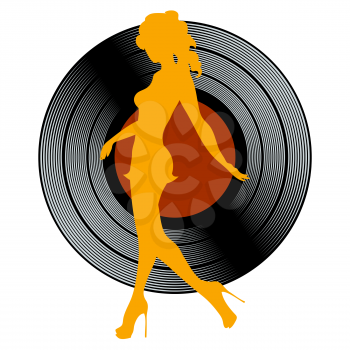 illustration of dancing girl silhouette against vinyl isolated on white