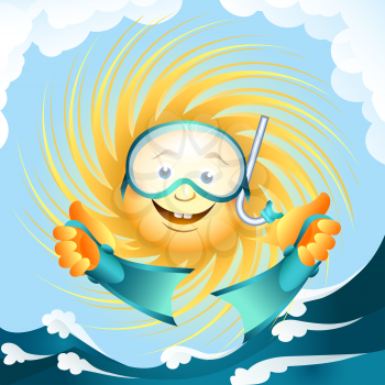 A vector illustration of sun in diving mask with flippers