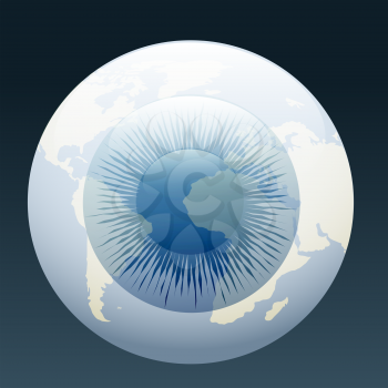 A vector illustration of human eyeball with world geographic contours 