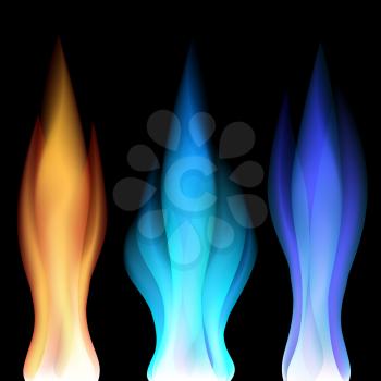 Set of colorful fire flames over black background