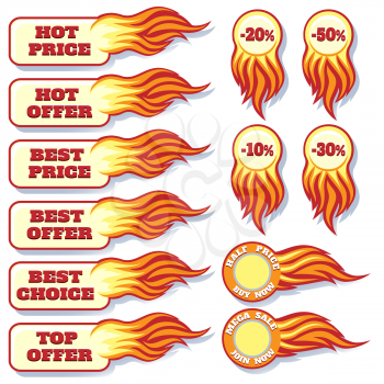 A vector set of hot price and offers badges with flame isolated on white
