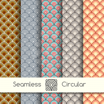 Set of five seamless circular geometrical patterns.