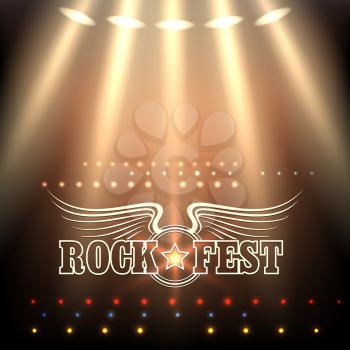 Rock Festival Poster Template. Stage in spotlights and wording Rock Fest decorated by wings and star. Free font used.