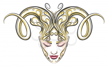 Hand drawn beautiful female face with ram horns .Illustration in tattoo style. Aries zodiac sign element.