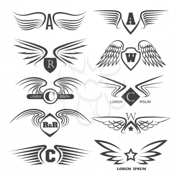 Set of emblems or logo with wings. Monochrome icons isolated on white.