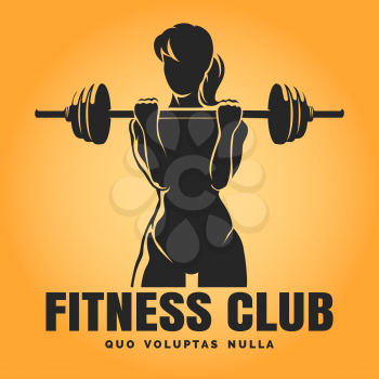 Fitness Club emblem. Training Woman with barbell and text sample. Free font used.