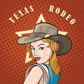 Pretty girl in cowboy hat with lasso. Pop art style. Wild West or Texas Rodeo label design
