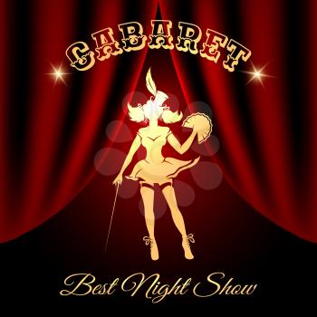 Burlesque dancer silhouette against red curtains and lettering Cabaret. Free font used.
