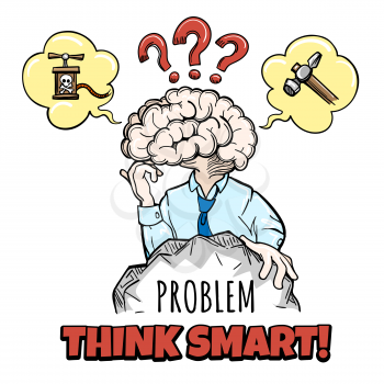 Human brain in thinking process tries to solve a complex problem and motivation inscription Think Smart. Vector illustration in sketch style.