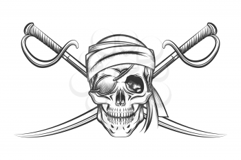 Pirate symbol of a skull in the captain's hat and two crossed swords. Vector illustration in tattoo style