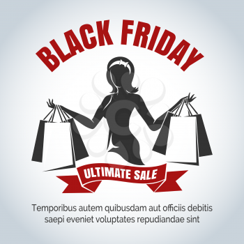 Black Friday sale design template. Black Friday banner with woman holds shopping bags. Vector illustration
