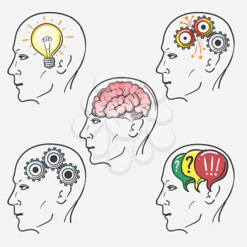 Head brain illustration set. Thinking, new idea, brainstorming, problem solving etc. Vector illustration