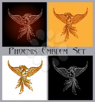 Set of phoenix bird emblem. Design elements for prints, badges, labels and stickers. Vector illustration. 