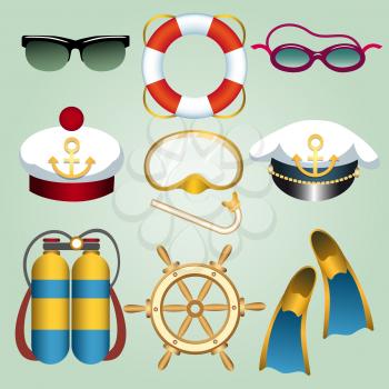 Set of summer beach vacation emblems drawn in cartoon style. Sun and swim glasses, seamans cap, flippers, life buoy, steering wheel, diving mask etc. Vector illustration.