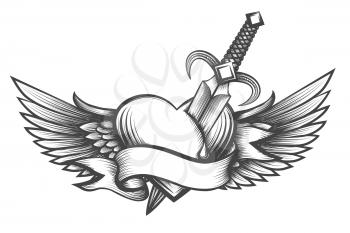 Heart with wings pierced by dagger and ribbon with place for your text. Vector illustration in tattoo style.