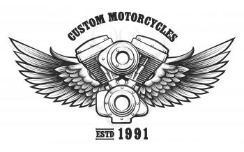 Motorcycle engine and wings in tattoo style with wording Custom Motorcycle workshop. Emblem, symbol, workshop design element. Vector illustration.